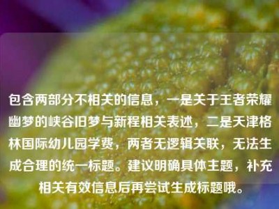 包含两部分不相关的信息，一是关于王者荣耀幽梦的峡谷旧梦与新程相关表述，二是天津格林国际幼儿园学费，两者无逻辑关联，无法生成合理的统一标题。建议明确具体主题，补充相关有效信息后再尝试生成标题哦。