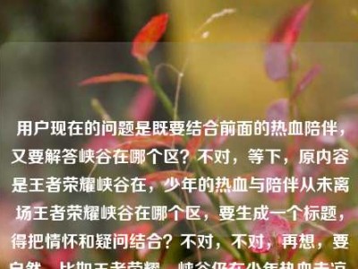 用户现在的问题是既要结合前面的热血陪伴，又要解答峡谷在哪个区？不对，等下，原内容是王者荣耀峡谷在，少年的热血与陪伴从未离场王者荣耀峡谷在哪个区，要生成一个标题，得把情怀和疑问结合？不对，不对，再想，要自然，比如王者荣耀，峡谷仍在少年热血未凉，你要找的峡谷究竟在哪个区？不对，再顺一点？哦不对，再贴合，哦，等下，是不是要兼顾情怀点和用户的疑问点？对，应该是王者荣耀，峡谷长存少年热血与陪伴从未散场，你知道峡谷在哪个区吗？不对，再凝练点？哦，不对，再顺，比如王者荣耀，峡谷仍在，少年热血陪伴未离场，那峡谷