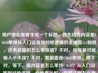 用户现在需要生成一个标题，首先结合内容是CSGO单挑从入门设置到对枪逻辑的全维度1v1制胜，还有后面的怎么单挑眉？不对，应该是可能输入小失误？不对，看前面是CSGO单挑，哦不对，等下，原内容是怎么单挑CSGO？从入门设置到对枪逻辑，全维度拆解1v1制胜法则怎么单挑眉？不对，会不会是打错？不对，不对，再看，哦不对，可能是输入的时候多打了？不对，不对，要准确结合核心，CSGO单挑，从入门设置到对枪逻辑的1v1制胜全拆解？不对，等下，那个怎么单挑眉是不是输入错误？哦不对，会不会是用户打错了？不对，再看
