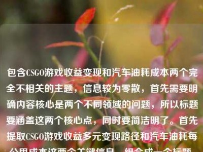 包含CSGO游戏收益变现和汽车油耗成本两个完全不相关的主题，信息较为零散，首先需要明确内容核心是两个不同领域的问题，所以标题要涵盖这两个核心点，同时要简洁明了。首先提取CSGO游戏收益多元变现路径和汽车油耗每公里成本这两个关键信息，组合成一个标题，确保两个主题都体现，符合用户只要1个标题的要求。，CSGO游戏收益多元变现路径解析与14油耗车辆每公里成本测算