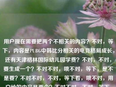 用户现在需要把两个不相关的内容？不对，等下，内容是PUBG中韩比分相关的电竞格局成长，还有天津格林国际幼儿园学费？不对，不对，要生成一个？不对不对，哦不对，等下，是不是要？不对不对，不对，等下看，哦不对，用户给的内容是两个？不对不对，不对，等下，不对，要怎么结合？不对不对，哦不对，等下，不对，是不是我看错了？哦，等下，PUBG中韩赛场交锋背后的电竞格局成长与天津格林国际幼儿园学费相关资讯汇总？不对不对，不对，不对，等下，不对，这两个内容完全不搭啊？不对不对，等下再看用户给的原文，PUBG中韩比分