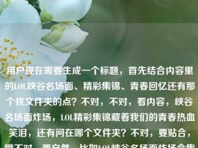 用户现在需要生成一个标题，首先结合内容里的LOL峡谷名场面、精彩集锦、青春回忆还有那个找文件夹的点？不对，不对，看内容，峡谷名场面炸场，LOL精彩集锦藏着我们的青春热血笑泪，还有问在哪个文件夹？不对，要贴合，哦不对，要自然，比如LOL峡谷名场面炸场合集，藏着青春热血笑泪的精彩集锦到底在哪个文件夹？不对？等下，再顺一点？哦不对，要准确，把核心元素都放，峡谷名场面炸场、LOL精彩集锦、青春热血笑泪、还有那个找文件夹的点？不对，再提炼，哦，对，要1个标题，比如峡谷名场面集体炸场！承载青春热血笑泪的LO