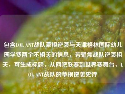 包含LOL ANT战队草根逆袭与天津格林国际幼儿园学费两个不相关的信息，若聚焦战队逆袭相关，可生成标题，从网吧联赛到世界赛舞台，LOL ANT战队的草根逆袭史诗