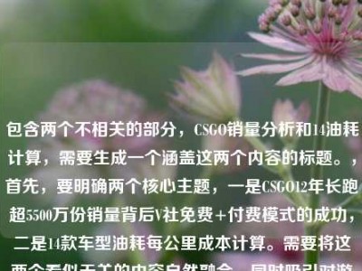 包含两个不相关的部分，CSGO销量分析和14油耗计算，需要生成一个涵盖这两个内容的标题。，首先，要明确两个核心主题，一是CSGO12年长跑超5500万份销量背后V社免费+付费模式的成功，二是14款车型油耗每公里成本计算。需要将这两个看似无关的内容自然融合，同时吸引对游戏和汽车油耗感兴趣的读者。，要简洁且涵盖两个主题，需要找到合适的连接词，比如跨界观察双话题等，将游戏和汽车两个领域的内容结合起来。同时，要突出CSGO的销量亮点和油耗的实用性，让标题既有吸引力又能准确传达内容。，为，CSGO12年狂