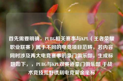 首先需要明确，PUBG相关赛事与KPL（王者荣耀职业联赛）属于不同的电竞项目范畴，若内容同时涉及两大电竞赛事的豪门俱乐部，生成标题如下，，PUBG与KPL双赛道豪门俱乐部 于战术竞技荒野镌刻电竞黄金坐标