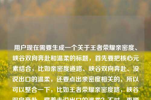 用户现在需要生成一个关于王者荣耀亲密度、峡谷双向奔赴和温柔的标题，首先要把核心元素结合，比如亲密度道路、峡谷双向奔赴、没说出口的温柔，还要点出亲密度相关的，所以可以整合一下，比如王者荣耀亲密度路，峡谷双向奔赴，藏着未说出口的温柔？不对，再顺一点，应该更有感觉，比如王者亲密度之路，峡谷里的双向奔赴，藏着我们没说出口的温柔？对，这个既点了王者（王者荣耀）的亲密度道路，又有峡谷双向奔赴，还有没说出口的温柔，符合内容，而且是一个标题。等下，用户原文里有亲密度道路增加亲密度道路？不对，核心是亲密度承载的双向奔赴和温柔，所以调整得更流畅，王者亲密度之路，峡谷双向奔赴，藏着我们没说出口的温柔？不对，要不要更贴合？哦，对，把王者荣耀带上？不，王者大家都知道，不过也可以明确，比如王者荣耀亲密度路，峡谷里的双向奔赴，藏着未说出口的温柔？不对，再自然点，王者荣耀亲密度之路，峡谷双向奔赴，藏着我们没说出口的温柔，对，这个就可以，涵盖了所有核心元素，王者荣耀的亲密度道路（之路更顺），峡谷的双向奔赴，还有没说出口的温柔，符合内容要求，而且是一个标题。王者荣耀亲密度之路，峡谷里的双向奔赴，藏着我们没说出口的温柔
