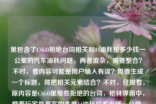 里包含了CSGO拒绝台词相关和14油耗投多少钱一公里的汽车油耗问题,两者混杂,需要整合?不对,看内容可能是用户输入有误?但要生成一个标题,得把相关元素结合?不对,仔细看,原内容是CSGO里那些拒绝的台词,枪林弹雨中,藏着玩家最真实的态度14油耗投多少钱一公里,可能是输入时的错误拼接?但按照要求生成1个标题,需要涵盖?不对,会不会是用户粘贴错了?但不管怎样,要生成一个标题,比如,CSGO枪林弹雨中的拒绝台词藏玩家真实态度 14油耗车型每公里成本几何?不对,再调整得更通顺一点,CSGO里那些拒绝台词藏着玩家真实态度 14油耗每公里花费多少?不对,再自然点,CSGO枪林弹雨中的拒绝台词尽显玩家态度 14油耗一公里需投多少钱,等等,不对,会不会是用户把两个不相关的内容粘在一起了?但要求根据提供的内容生成1个标题,所以得把两部分都涵盖吗?再看原内容,前半部分是CSGO的拒绝台词,后半部分是14油耗多少钱一公里,所以整合起来,CSGO枪林弹雨中的拒绝台词藏玩家真实态度 14油耗每公里成本是多少,不对,再简洁点,CSGO拒绝台词尽显玩家态度 14油耗一公里花费几何,嗯,这个比较通顺,涵盖了两部分内容,因为用户提供的内容里确实有这两个部分,虽然看起来不相关,但要基于提供的内容生成,所以就这个吧。CSGO枪林弹雨中的拒绝台词藏玩家真实态度 14油耗一公里花费几何