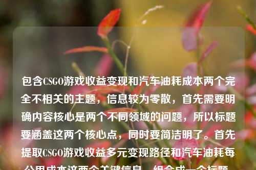 包含CSGO游戏收益变现和汽车油耗成本两个完全不相关的主题,信息较为零散,首先需要明确内容核心是两个不同领域的问题,所以标题要涵盖这两个核心点,同时要简洁明了。首先提取CSGO游戏收益多元变现路径和汽车油耗每公里成本这两个关键信息,组合成一个标题,确保两个主题都体现,符合用户只要1个标题的要求。,CSGO游戏收益多元变现路径解析与14油耗车辆每公里成本测算