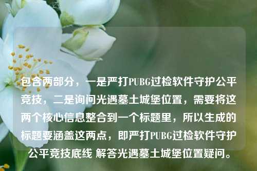 包含两部分，一是严打PUBG过检软件守护公平竞技，二是询问光遇墓土城堡位置，需要将这两个核心信息整合到一个标题里，所以生成的标题要涵盖这两点，即严打PUBG过检软件守护公平竞技底线 解答光遇墓土城堡位置疑问。