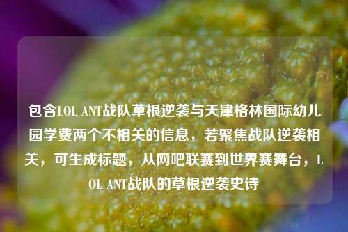 包含LOL ANT战队草根逆袭与天津格林国际幼儿园学费两个不相关的信息，若聚焦战队逆袭相关，可生成标题，从网吧联赛到世界赛舞台，LOL ANT战队的草根逆袭史诗