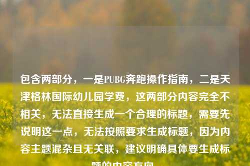 包含两部分,一是PUBG奔跑操作指南,二是天津格林国际幼儿园学费,这两部分内容完全不相关,无法直接生成一个合理的标题,需要先说明这一点,无法按照要求生成标题,因为内容主题混杂且无关联,建议明确具体要生成标题的内容方向。